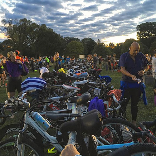 Racked bikes in transition.